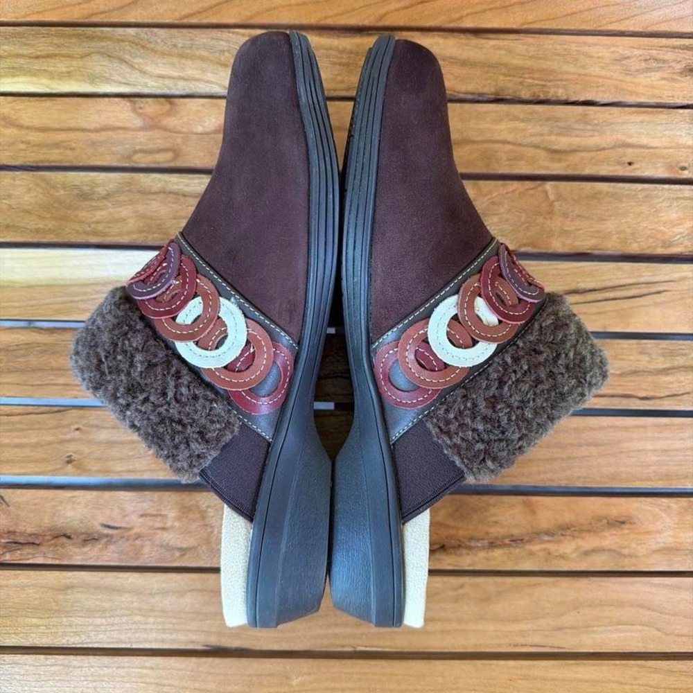 Spenco Orthotic Mule Clogs Brown Suede Faux Fur Shoes Size 9⁠ EU 38.5 Cozy Cabin